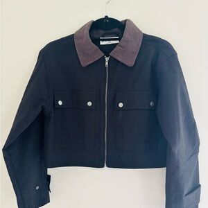 Cropped Black Jacket with Corduroy Collar